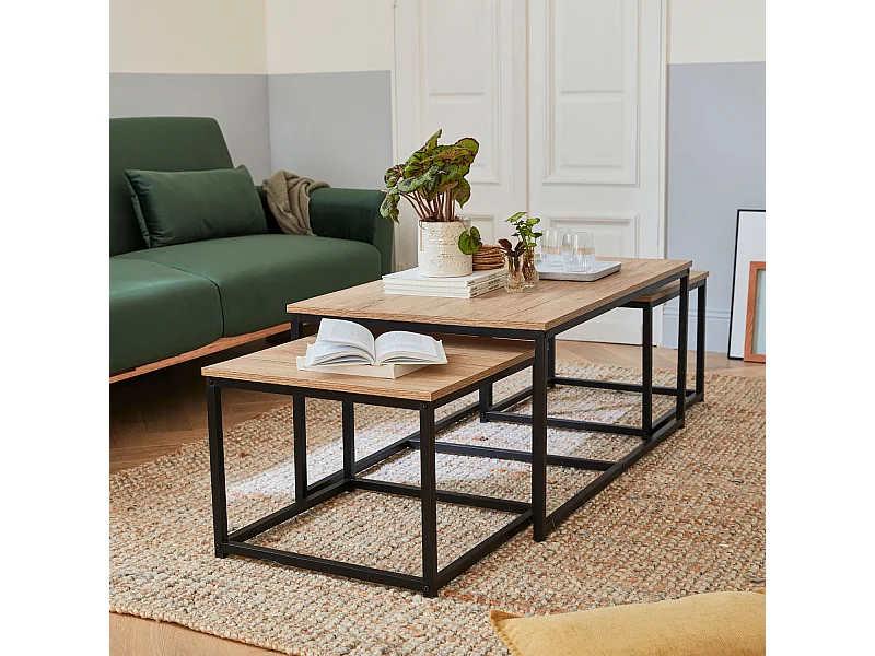 Mesa nido encastrable de metal y efecto madera, set de 3 madera