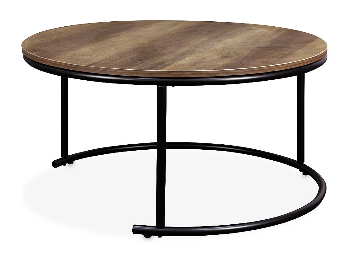 Lot de 2 tables gigognes rondes métal noir. décor bois - Loft - encastrables. 1x Ø77 x H 40cm / x1 Ø57 x H 35cm