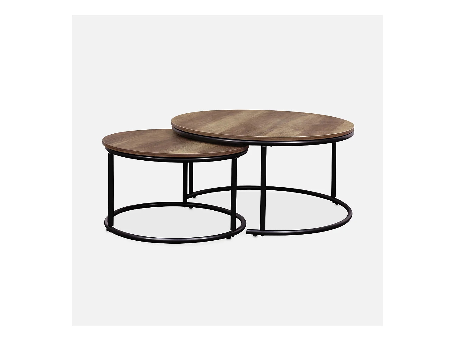 Set di 2 tavolini rotondi in metallo e legno, marrone naturale
