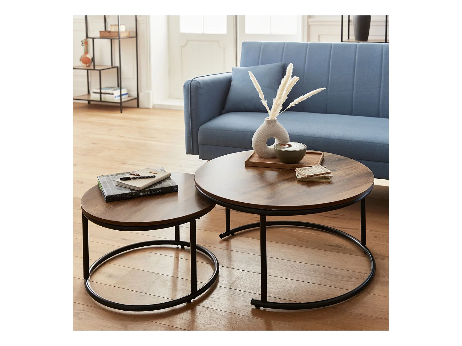 Mesa redonda nido con efecto madera, set de 2 madera