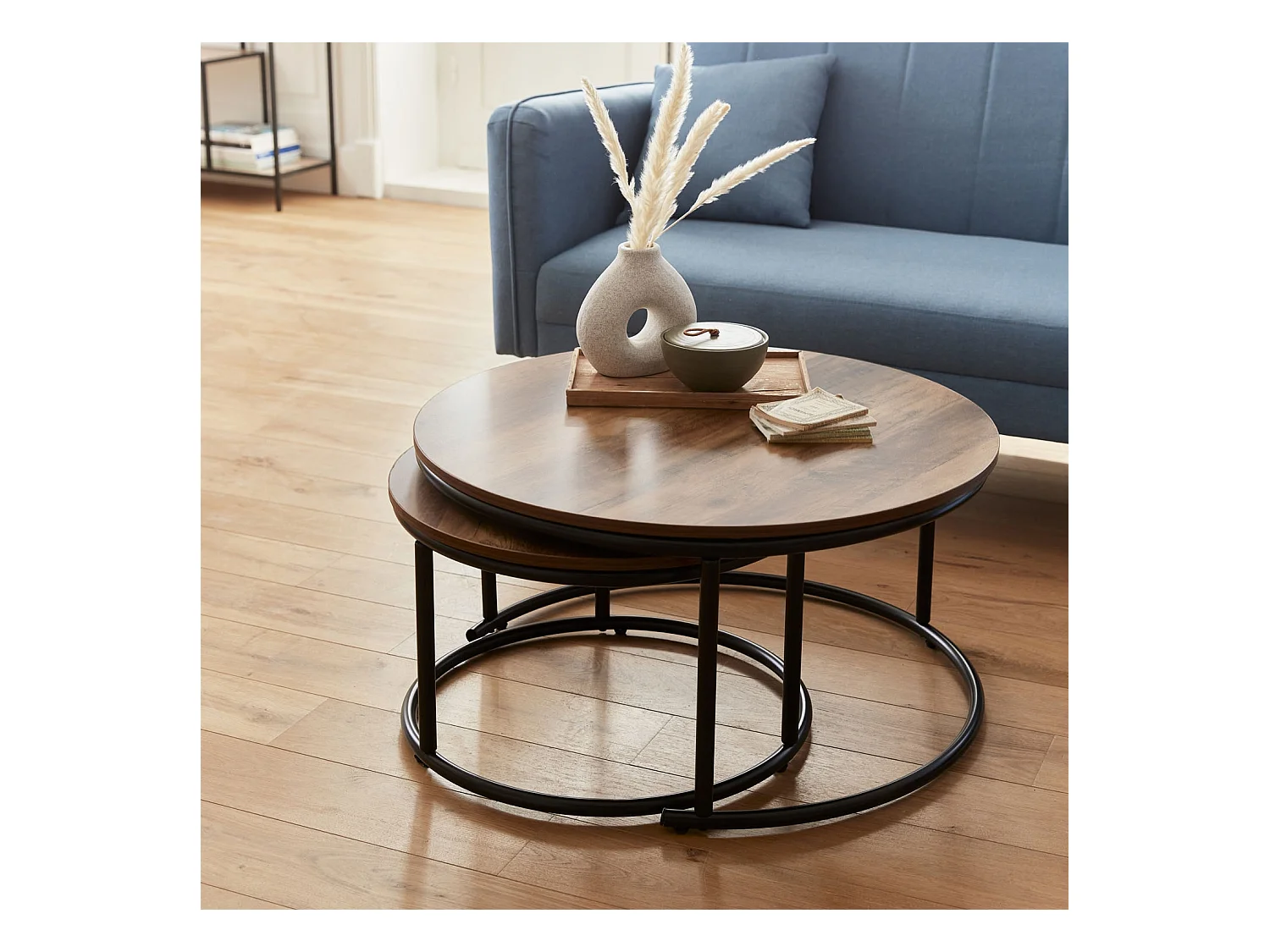 Mesa redonda nido con efecto madera, set de 2 madera