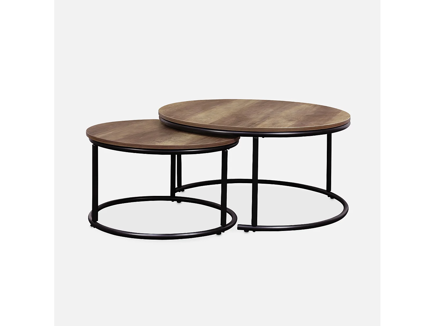 Set di 2 tavolini rotondi in metallo e legno, marrone naturale