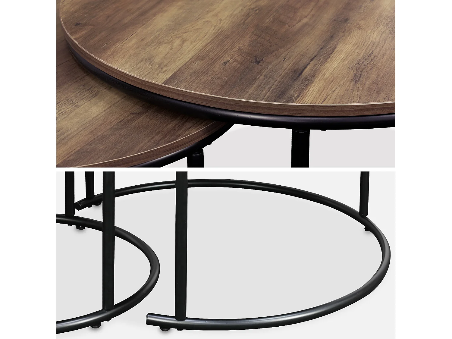 Set di 2 tavolini rotondi in metallo e legno, marrone naturale