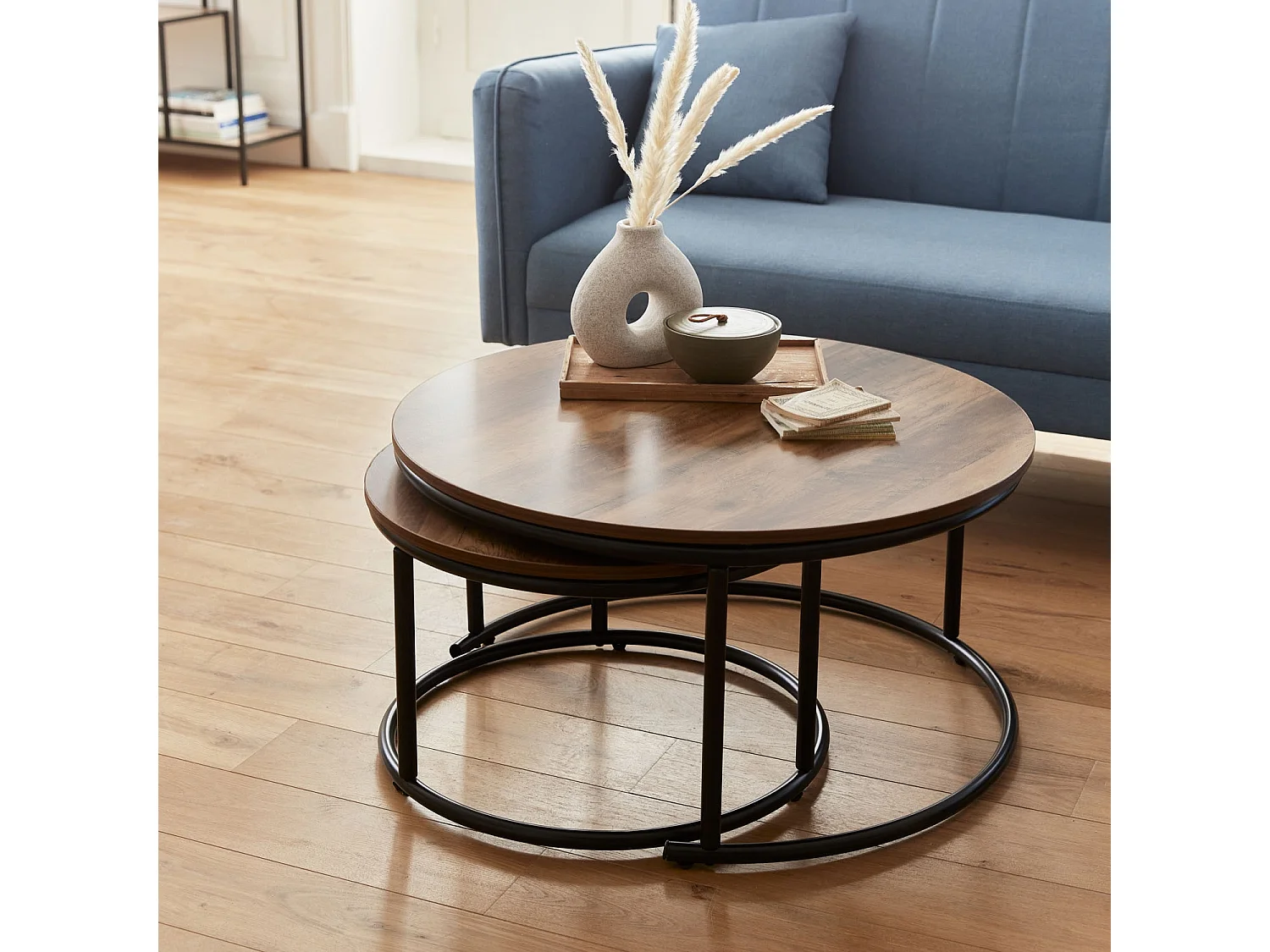 Set di 2 tavolini rotondi in metallo e legno, marrone naturale