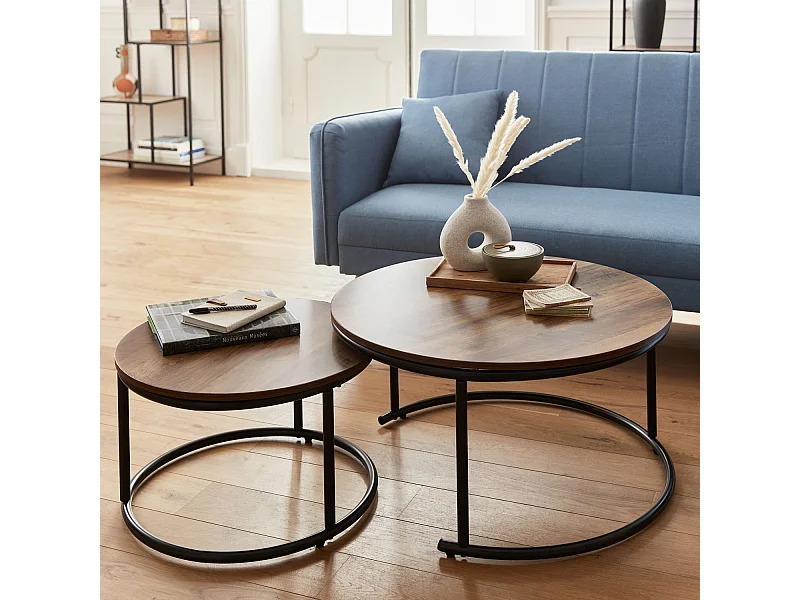 Lot de 2 tables gigognes rondes métal noir. décor bois - Loft - encastrables. 1x Ø77 x H 40cm / x1 Ø57 x H 35cm