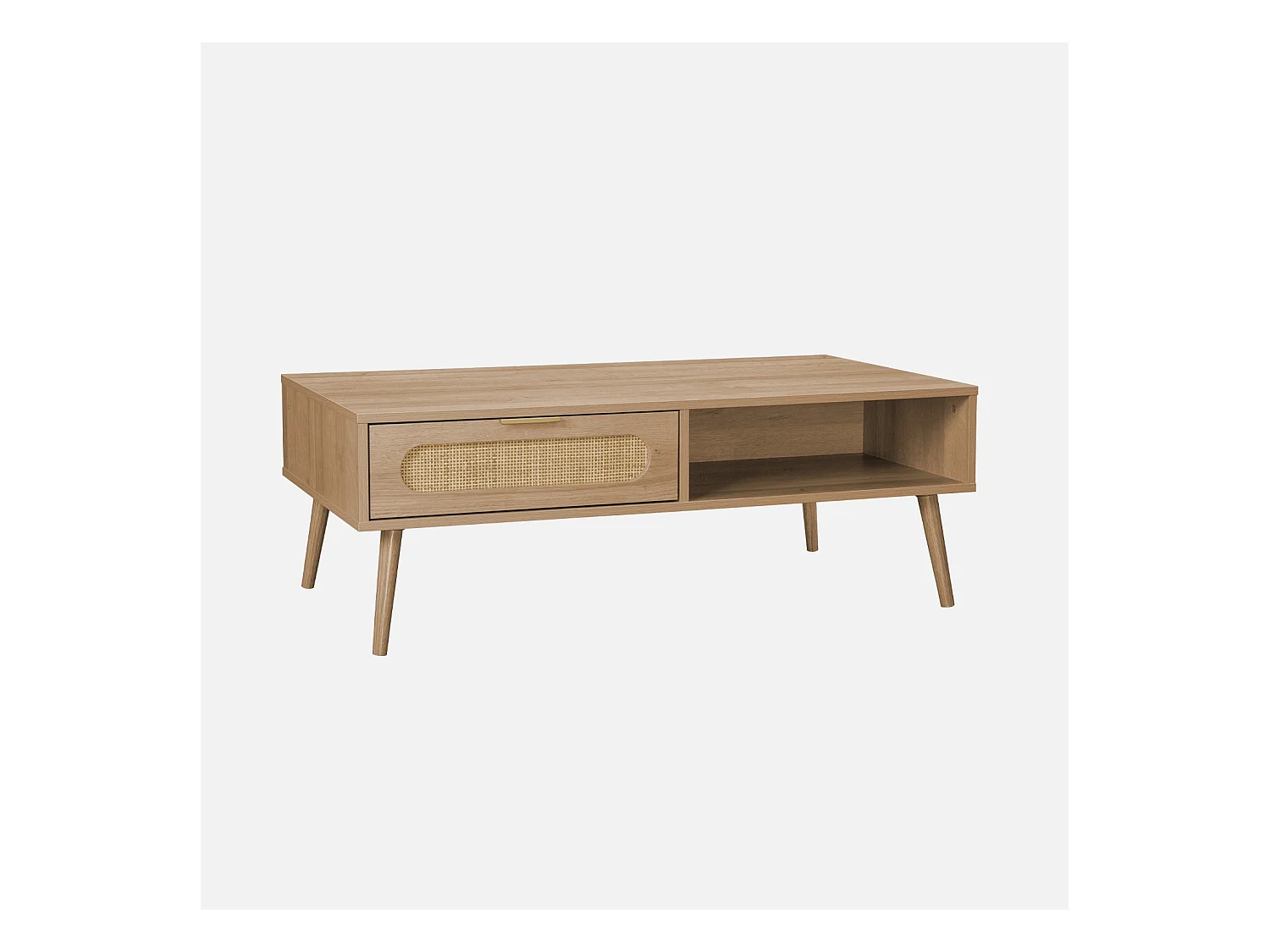 Table basse. Eva.  scandinave en cannage arrondi et en décor bois. 1 tiroir réversible L110 x l59 x H39cm