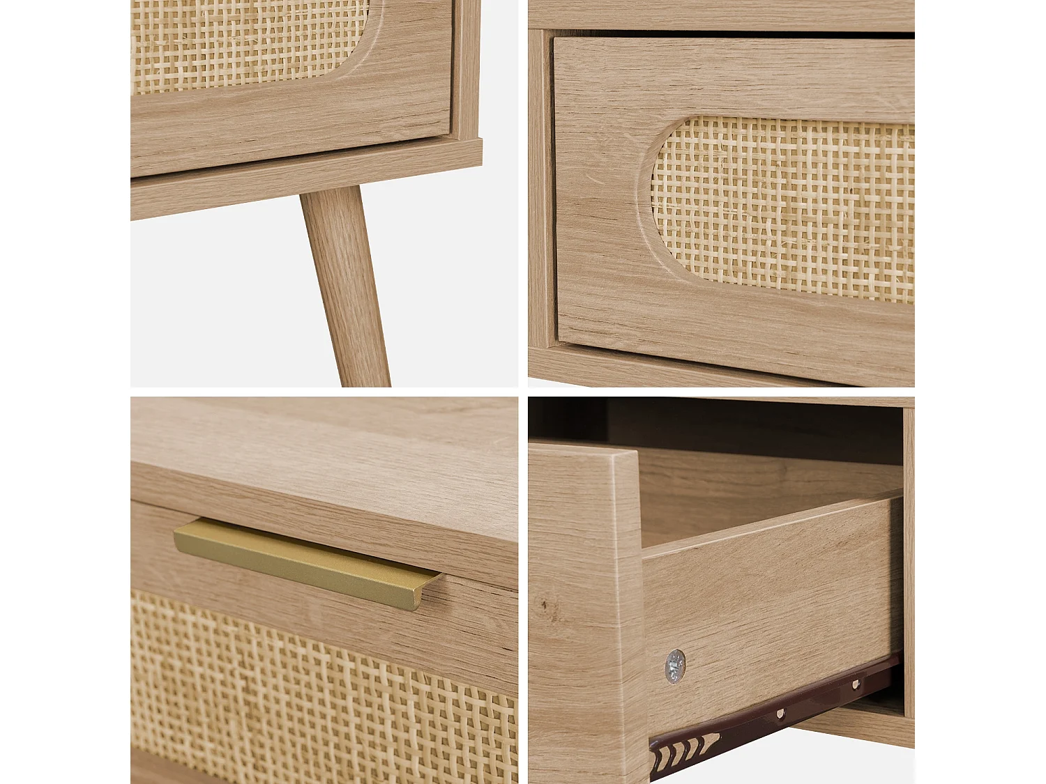 Table basse. Eva.  scandinave en cannage arrondi et en décor bois. 1 tiroir réversible L110 x l59 x H39cm