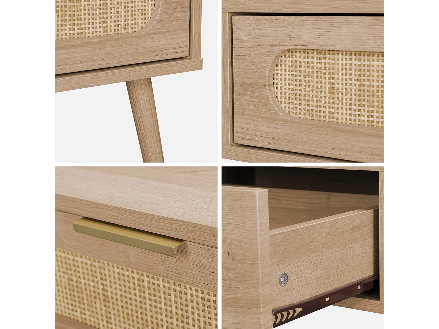 Table basse. Eva.  scandinave en cannage arrondi et en décor bois. 1 tiroir réversible L110 x l59 x H39cm