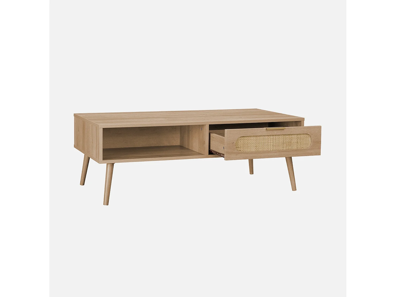 Tavolino scandinavo in canna intrecciata, 1 cassetto, marrone naturale