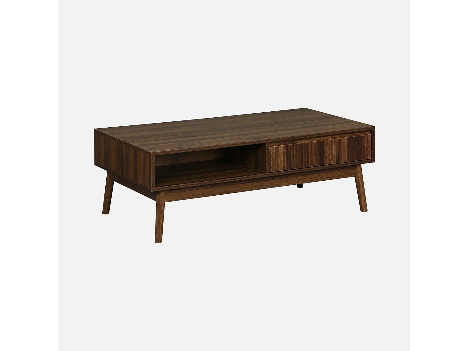 Table basse couleur teinté noyer. Linear. décor bois rainuré.  pieds compas. 2 niches. 1 tiroir.  L 110 x l 59 x H 39cm
