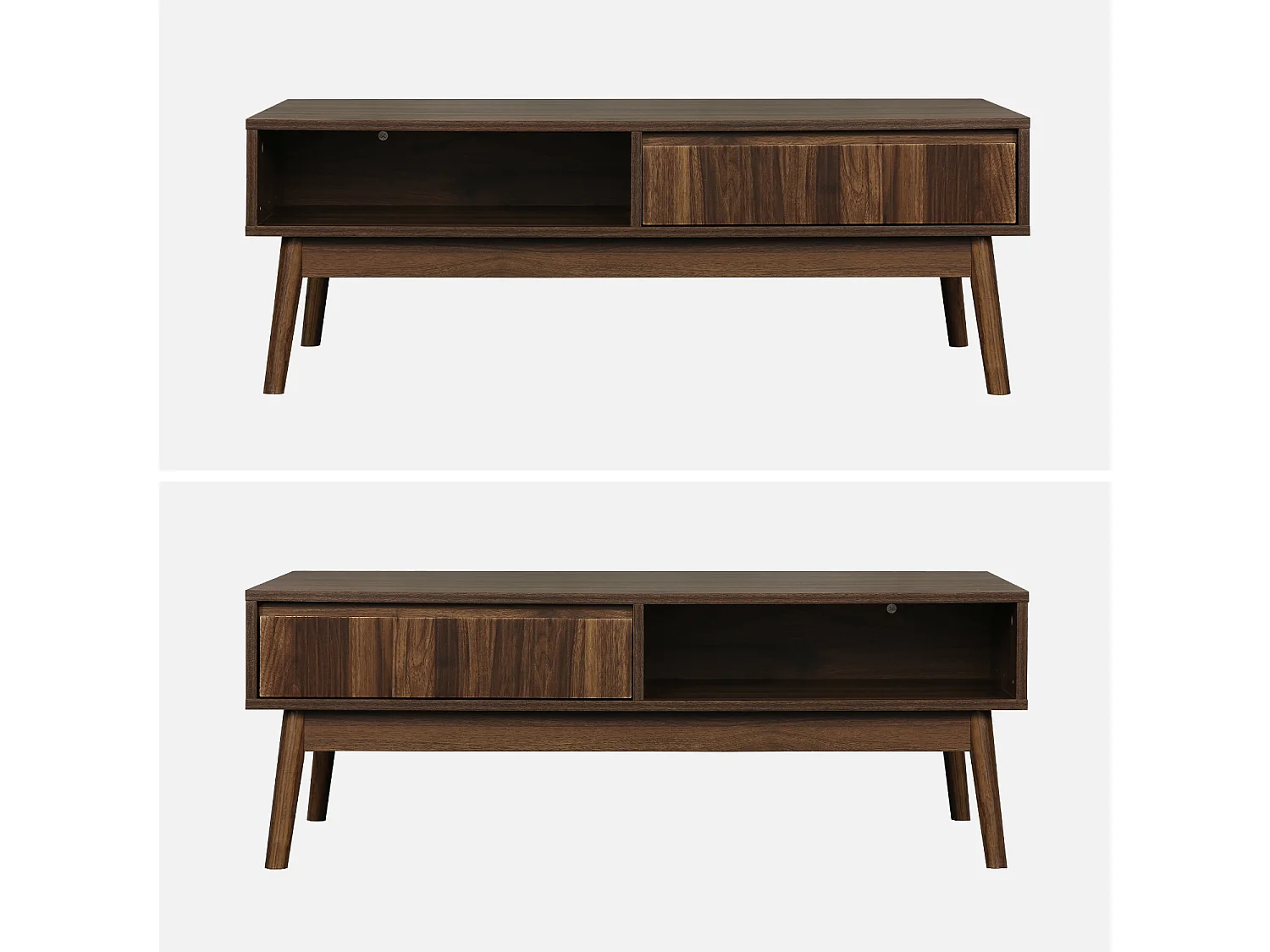 Table basse couleur teinté noyer. Linear. décor bois rainuré.  pieds compas. 2 niches. 1 tiroir.  L 110 x l 59 x H 39cm