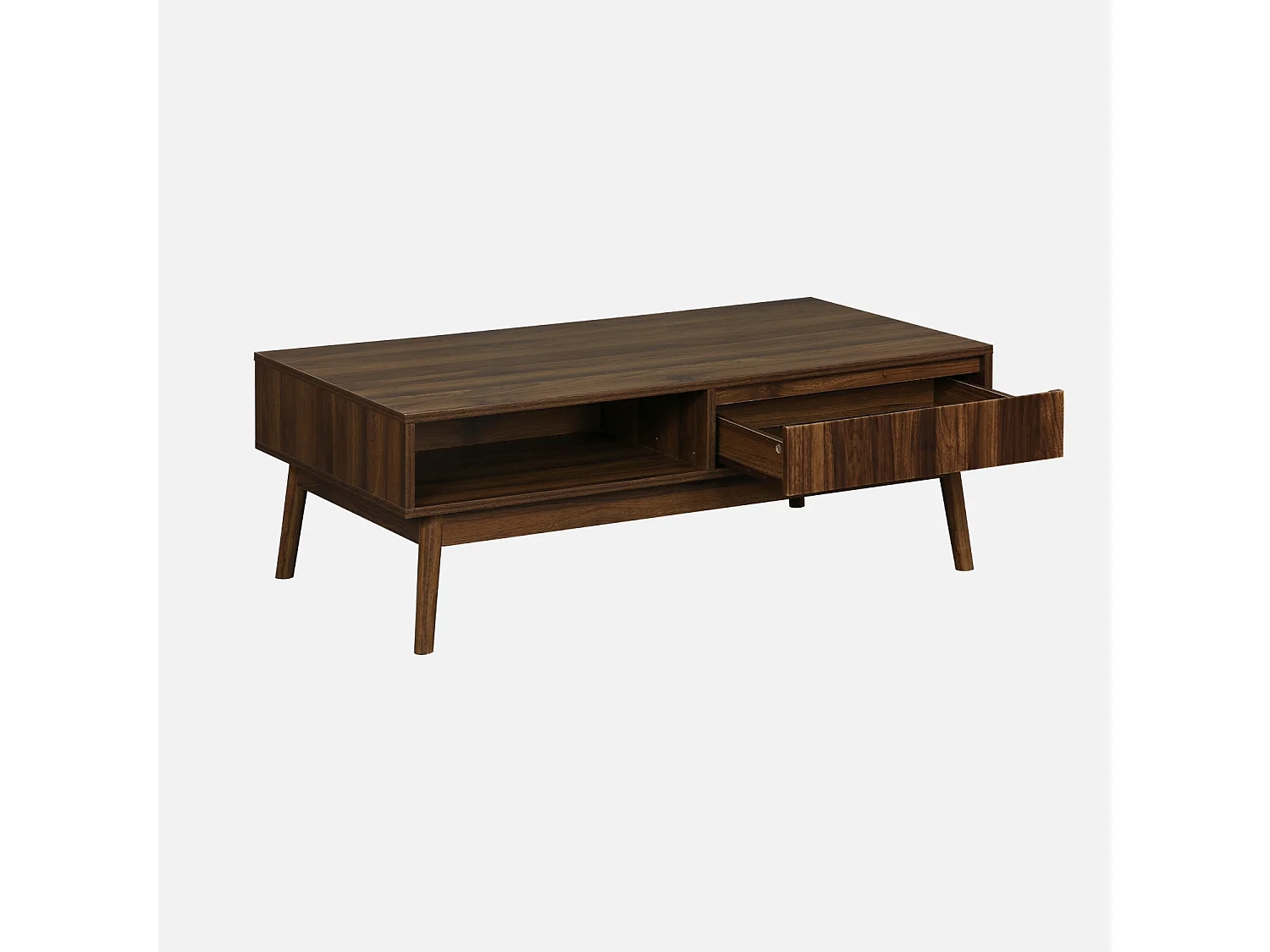Table basse couleur teinté noyer. Linear. décor bois rainuré.  pieds compas. 2 niches. 1 tiroir.  L 110 x l 59 x H 39cm