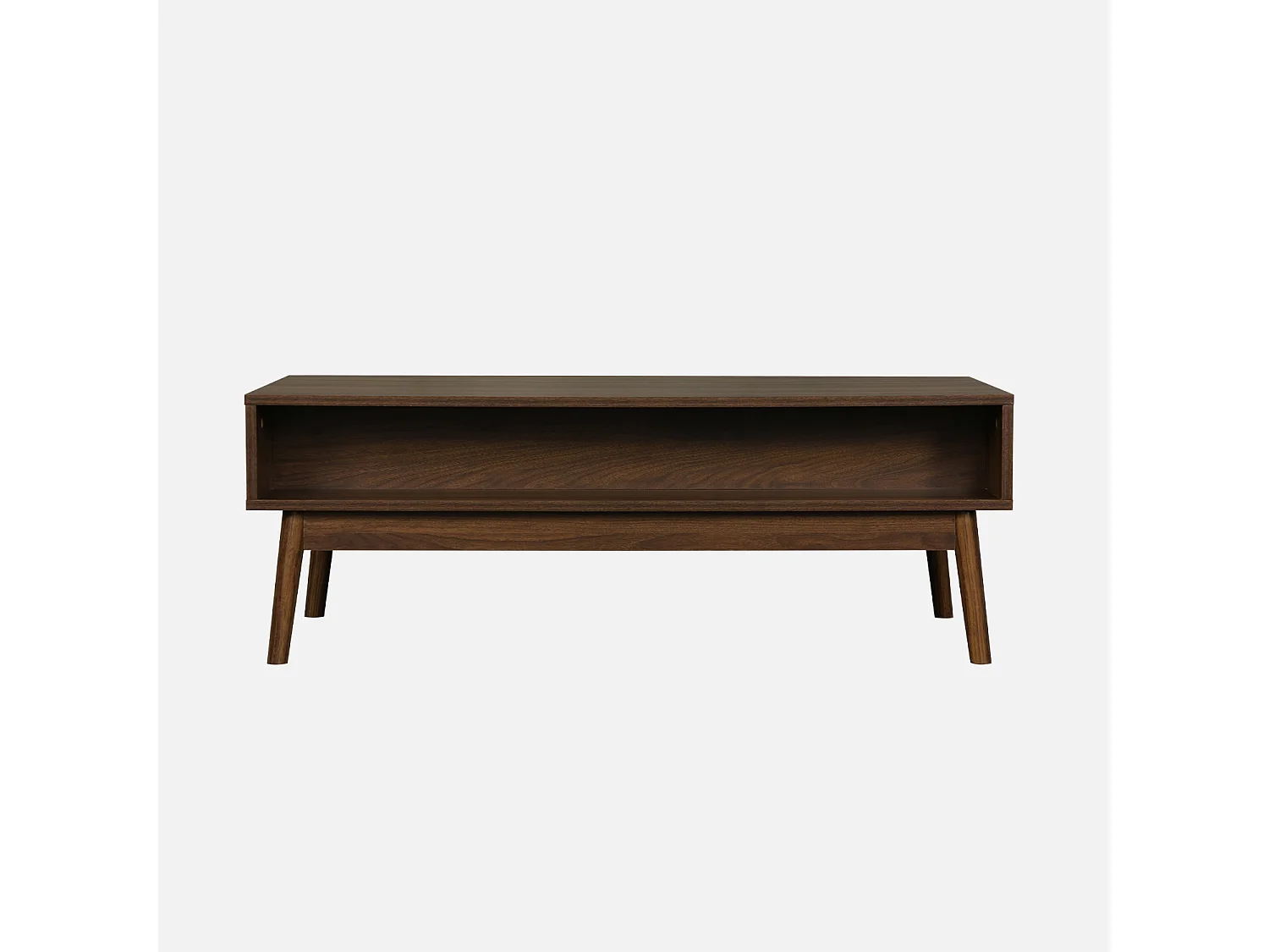 Table basse couleur teinté noyer. Linear. décor bois rainuré.  pieds compas. 2 niches. 1 tiroir.  L 110 x l 59 x H 39cm