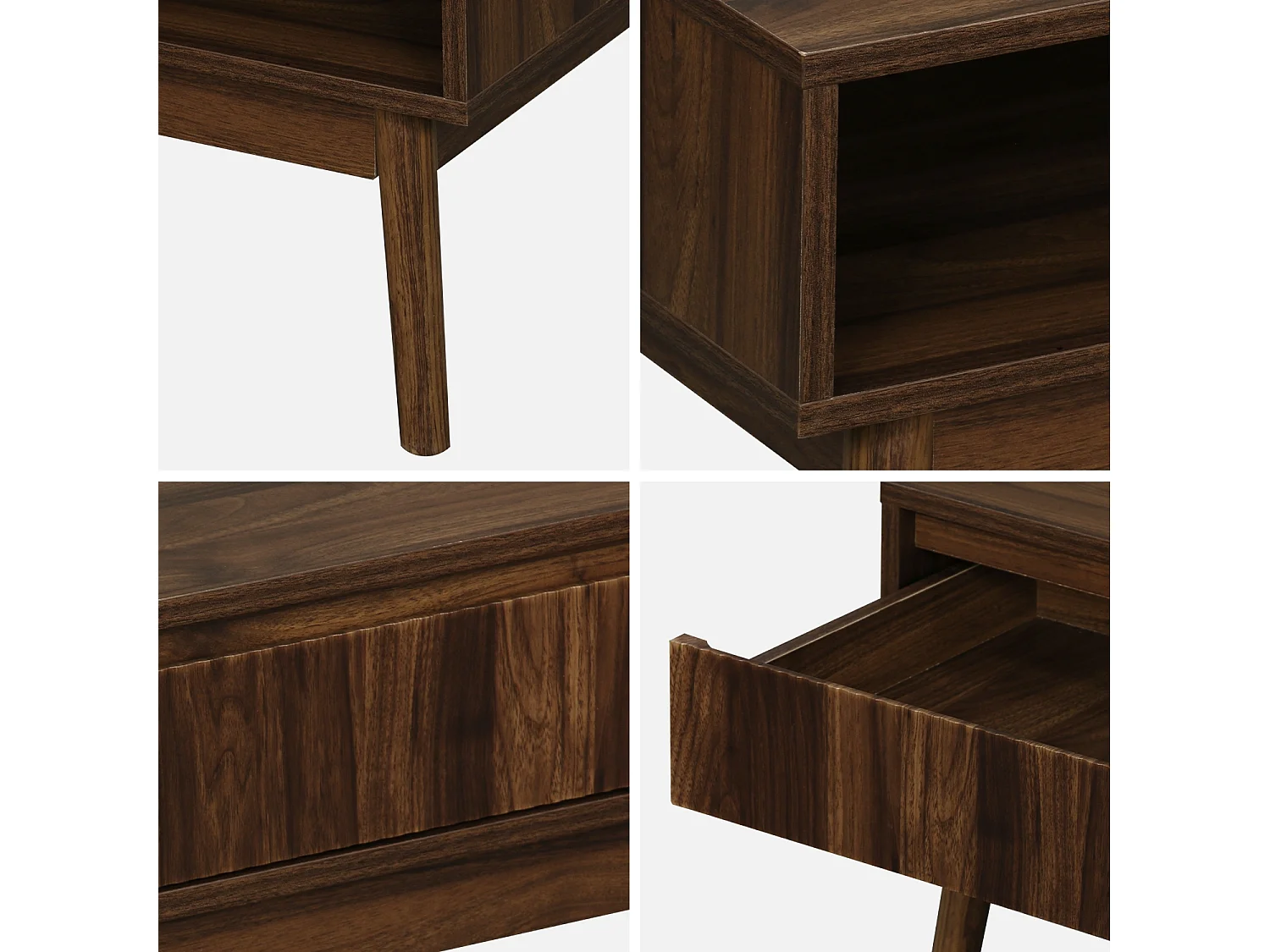 Table basse couleur teinté noyer. Linear. décor bois rainuré.  pieds compas. 2 niches. 1 tiroir.  L 110 x l 59 x H 39cm