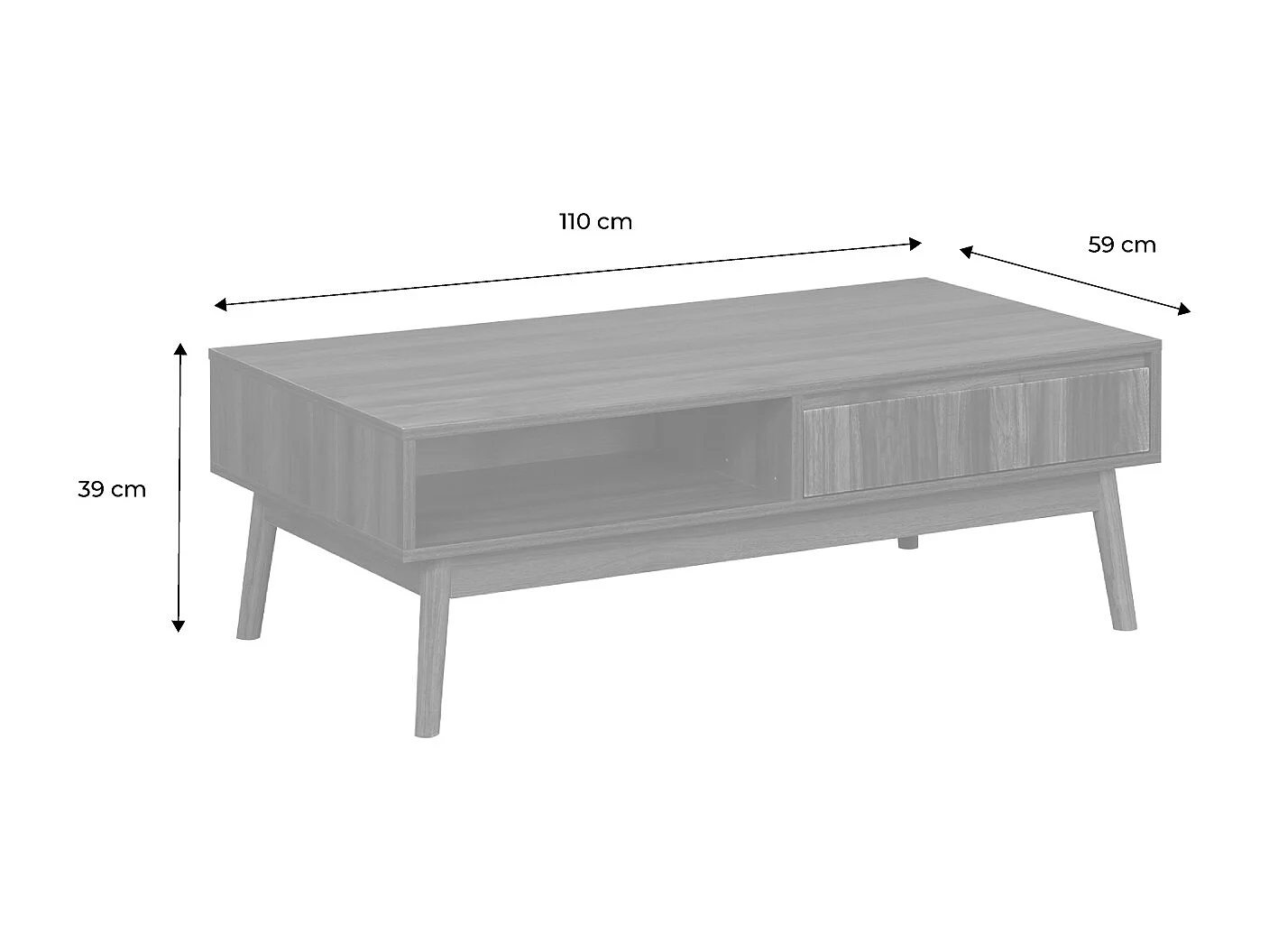 Table basse couleur teinté noyer. Linear. décor bois rainuré.  pieds compas. 2 niches. 1 tiroir.  L 110 x l 59 x H 39cm