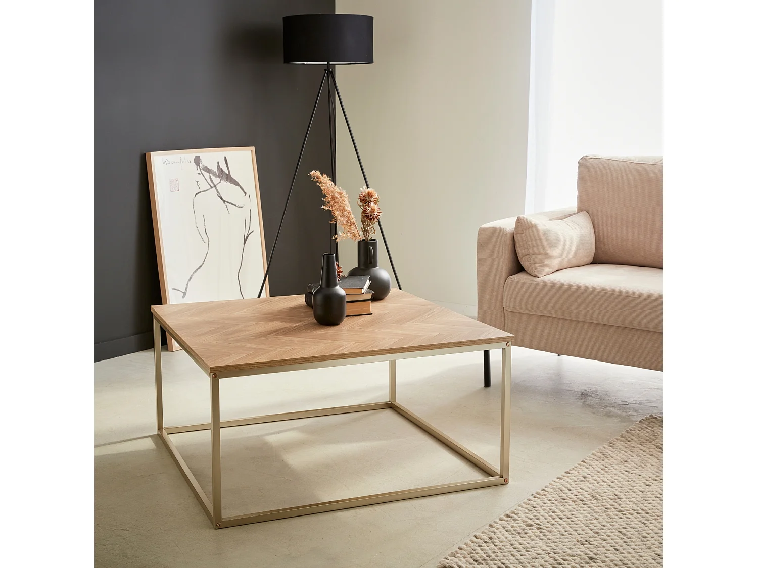 Mesa de centro de efecto madera con dibujo de espiga natural