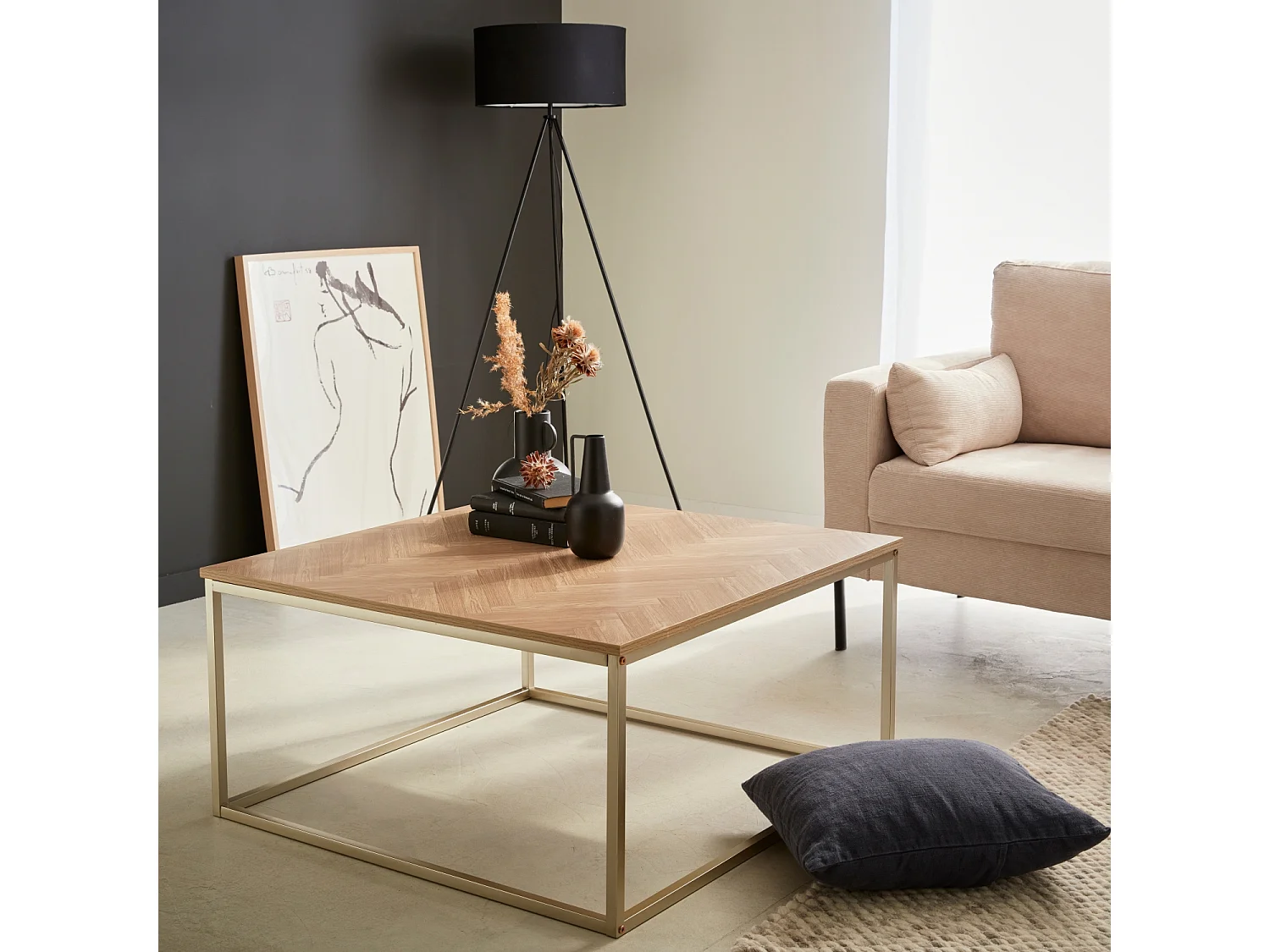 Mesa de centro de efecto madera con dibujo de espiga natural