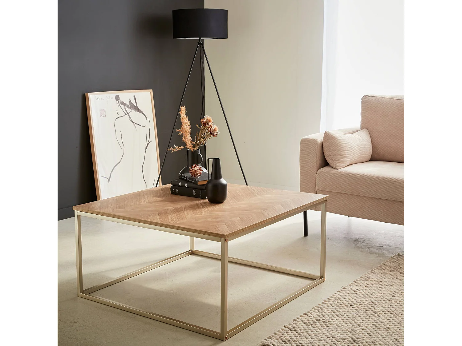 Tavolino effetto legno con motivo a spina di pesce Marrone naturale - 80x80x40 cm