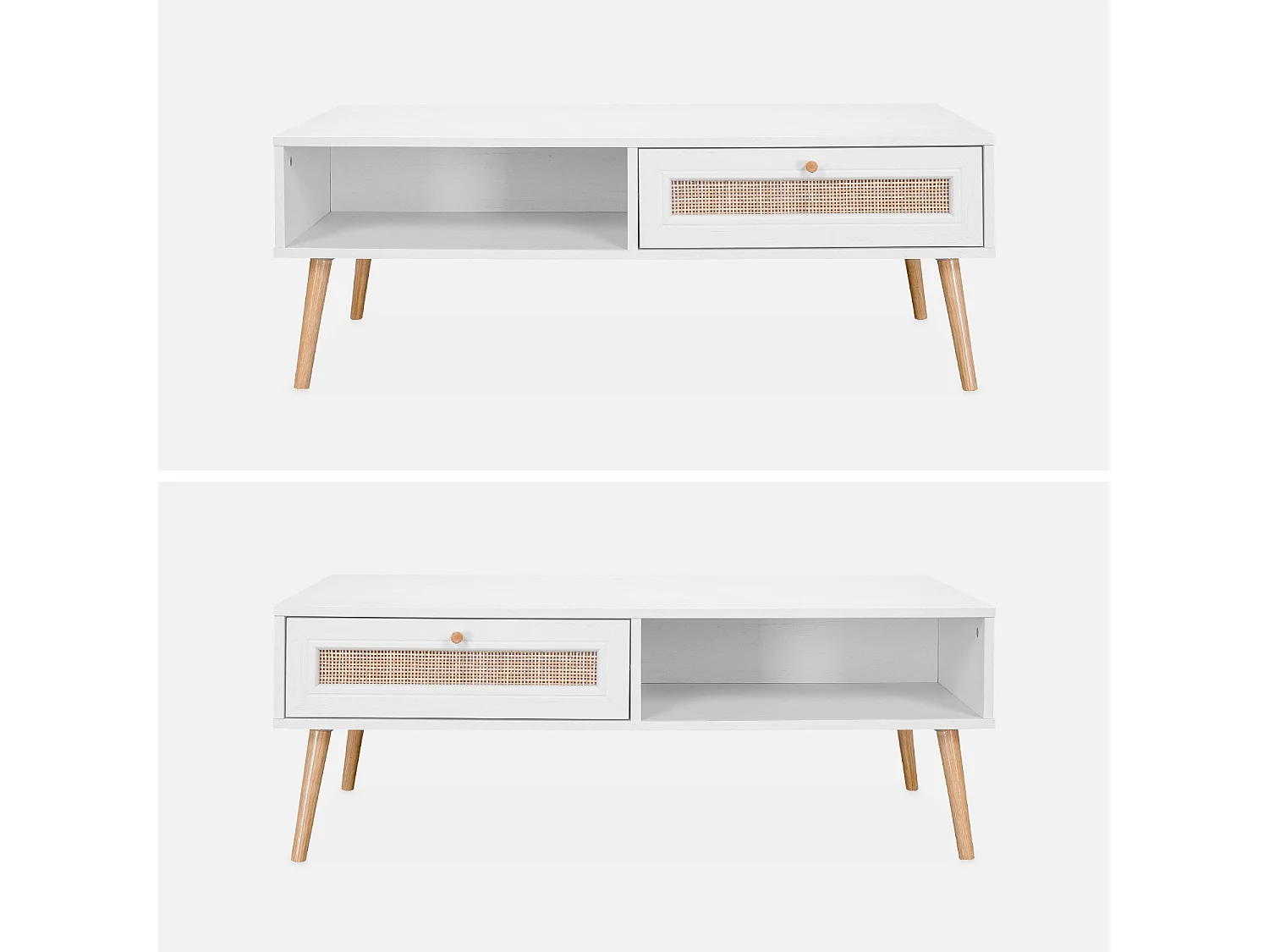 Table basse en cannage 110x59x39cm - Bohème - Blanc. 1 tiroir. 1 espace de rangement. pieds scandinaves