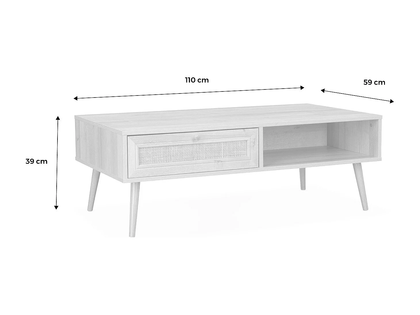 Table basse en cannage 110x59x39cm - Bohème - Blanc cassé. 1 tiroir. 1 espace de rangement. pieds scandinaves