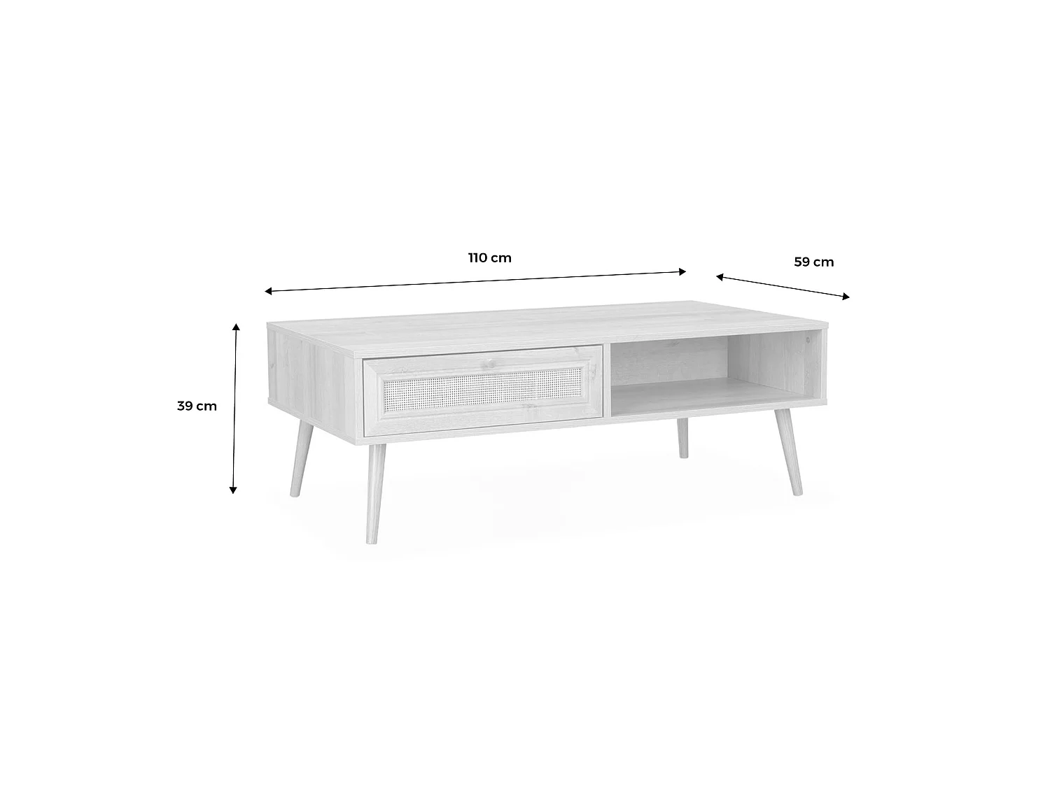 TAVOLINO SCANDINAVO IN VIMINI, 1 CASSETTO, BOHEME, BIANCO SPORCO,