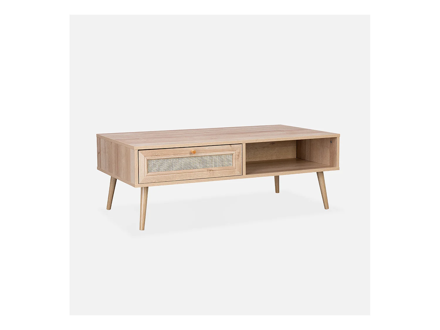 Table basse en cannage 110 x 59 x 39 cm - Bohème - Naturel. 1 tiroir. 1 espace de rangement. pieds scandinaves