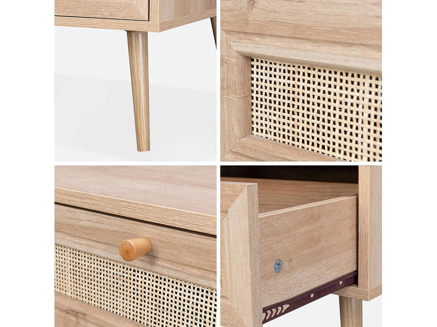 Table basse en cannage 110 x 59 x 39 cm - Bohème - Naturel. 1 tiroir. 1 espace de rangement. pieds scandinaves