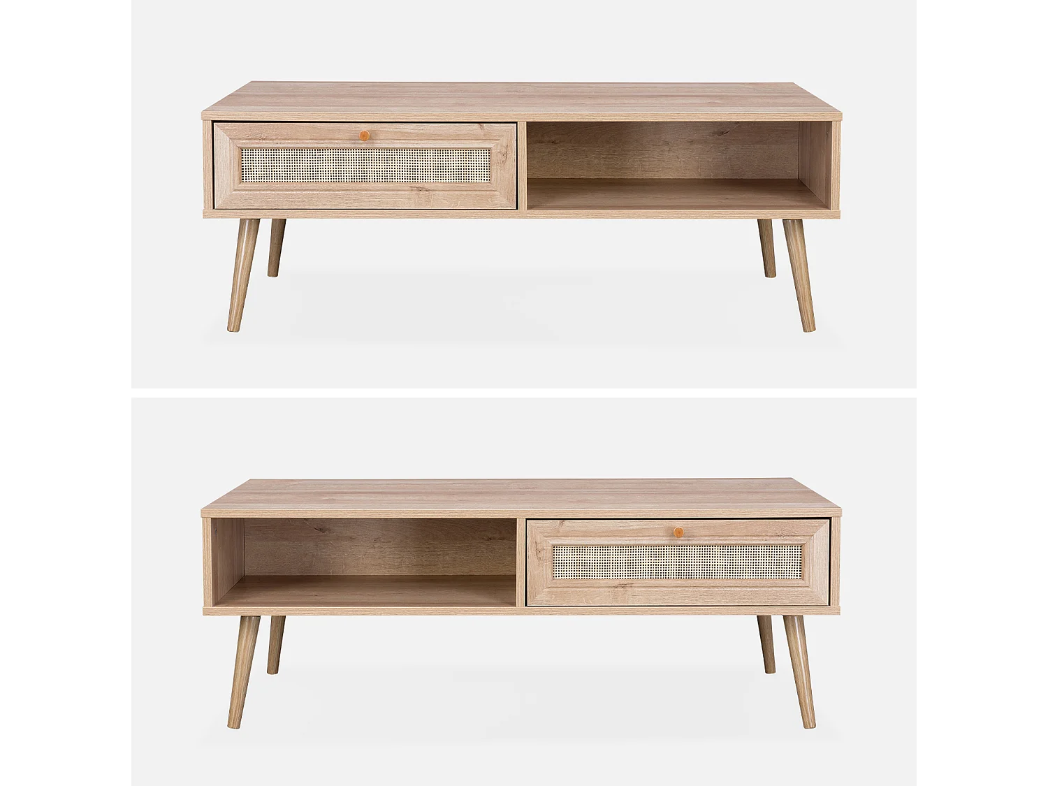 Table basse en cannage 110 x 59 x 39 cm - Bohème - Naturel. 1 tiroir. 1 espace de rangement. pieds scandinaves
