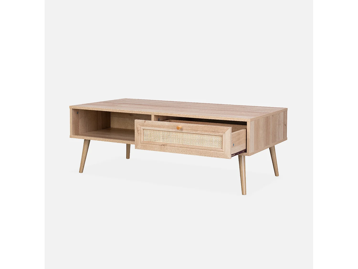 Table basse en cannage 110 x 59 x 39 cm - Bohème - Naturel. 1 tiroir. 1 espace de rangement. pieds scandinaves