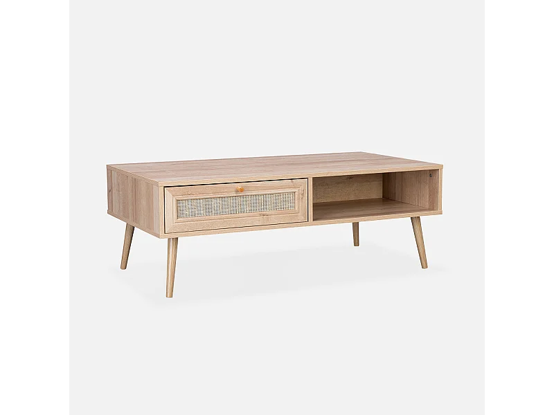 Table basse en cannage 110 x 59 x 39 cm - Bohème - Naturel. 1 tiroir. 1 espace de rangement. pieds scandinaves
