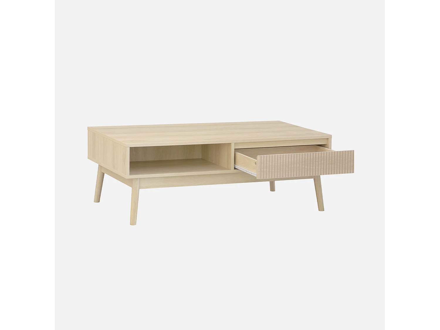 Tavolino scandinavo, decoro in legno scanalato, 2 nicchie, 1 cassetto,