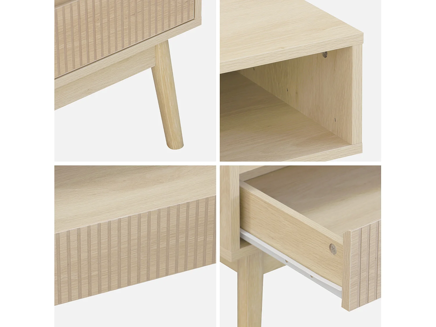 Tavolino scandinavo, decoro in legno scanalato, 2 nicchie, 1 cassetto,