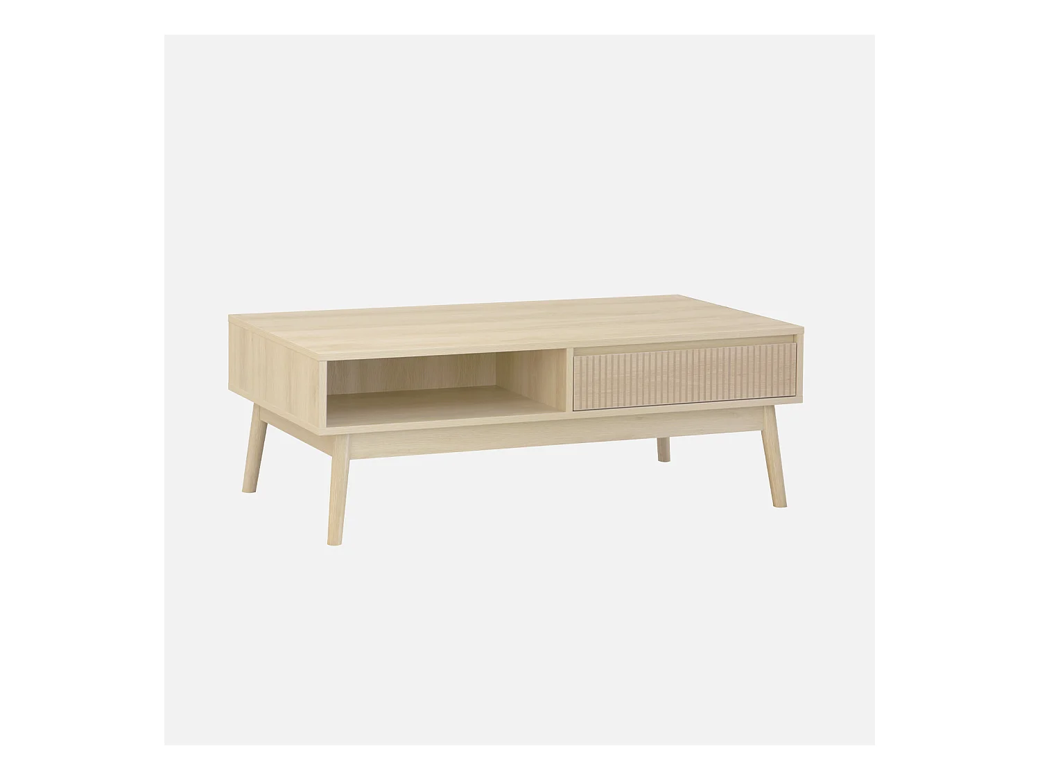 Table basse couleur naturelle. Linear. décor bois rainuré.  pieds compas. 2 niches. 1 tiroir.  L 110 x l 59 x H 39cm