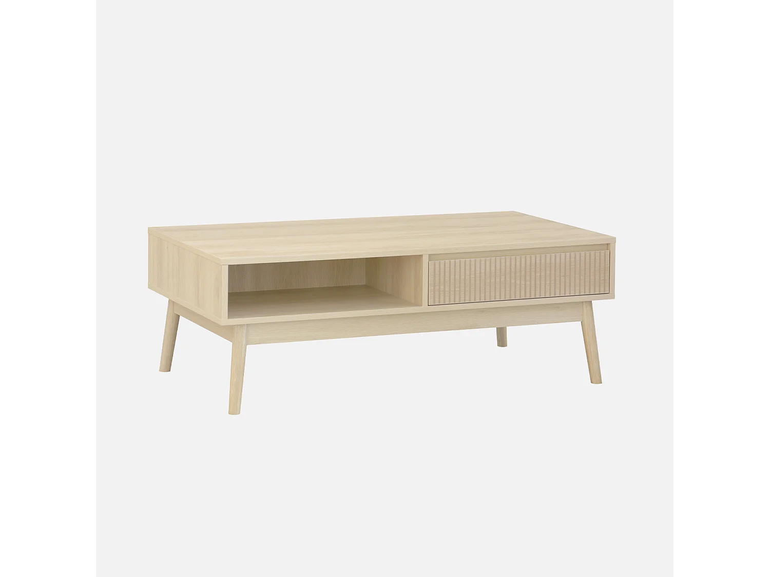 Tavolino scandinavo, decoro in legno scanalato, 2 nicchie, 1 cassetto,