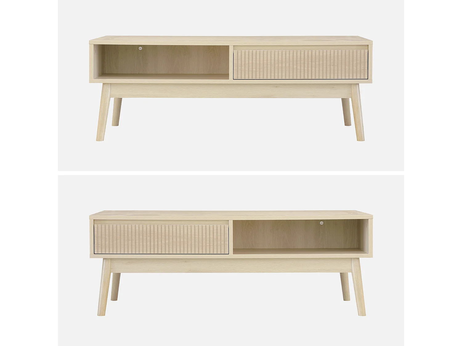 Tavolino scandinavo, decoro in legno scanalato, 2 nicchie, 1 cassetto,