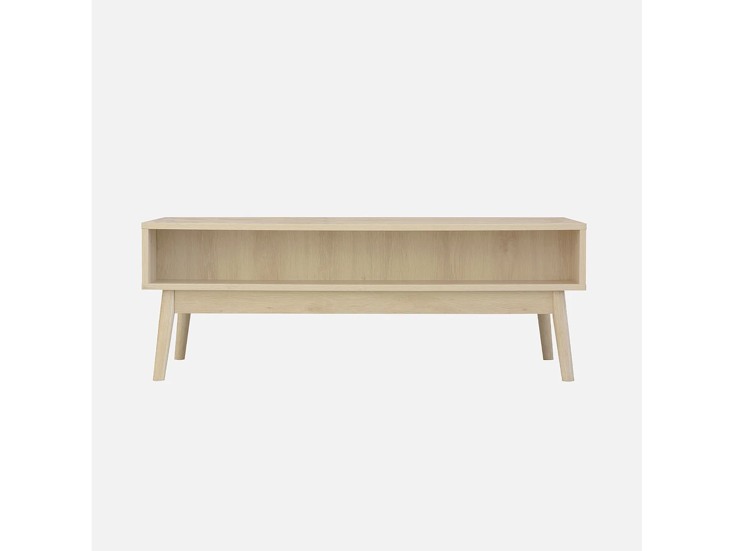 Tavolino scandinavo, decoro in legno scanalato, 2 nicchie, 1 cassetto,