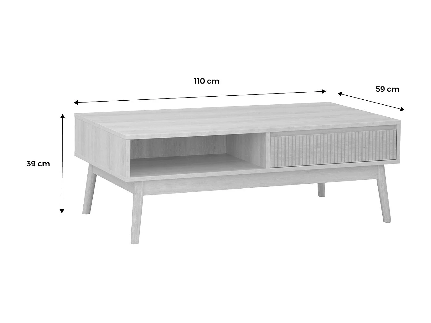 Tavolino scandinavo, decoro in legno scanalato, 2 nicchie, 1 cassetto,