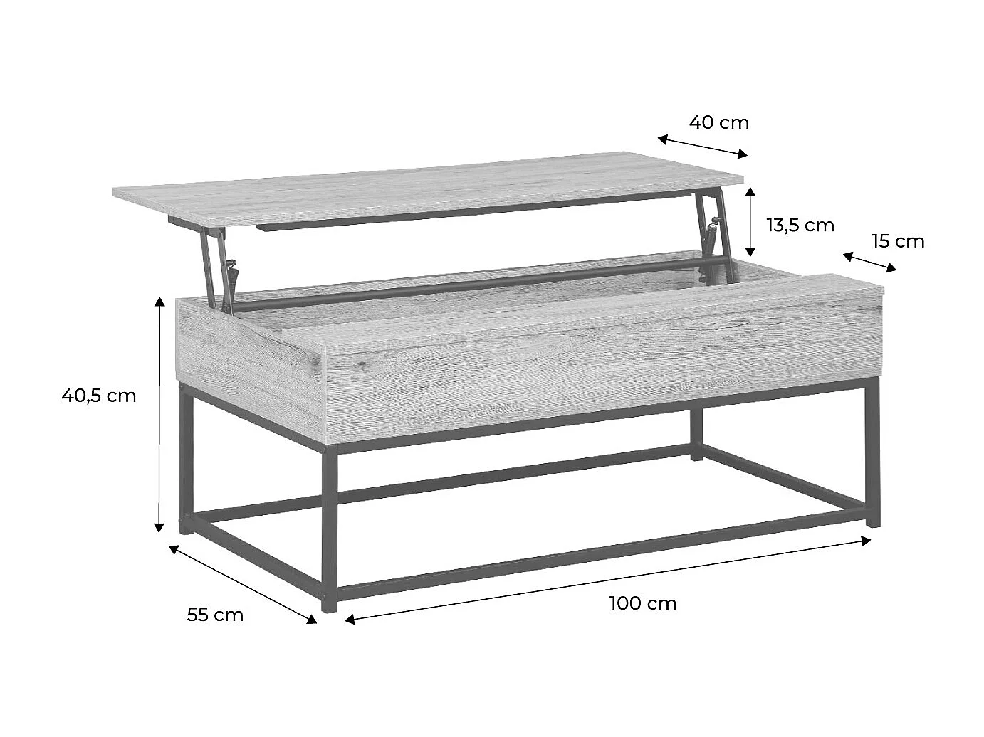 Table basse. loft. 1 plateau relevable. deux espaces de rangement. L 100 cm x l 55 cm x H 40.5 cm