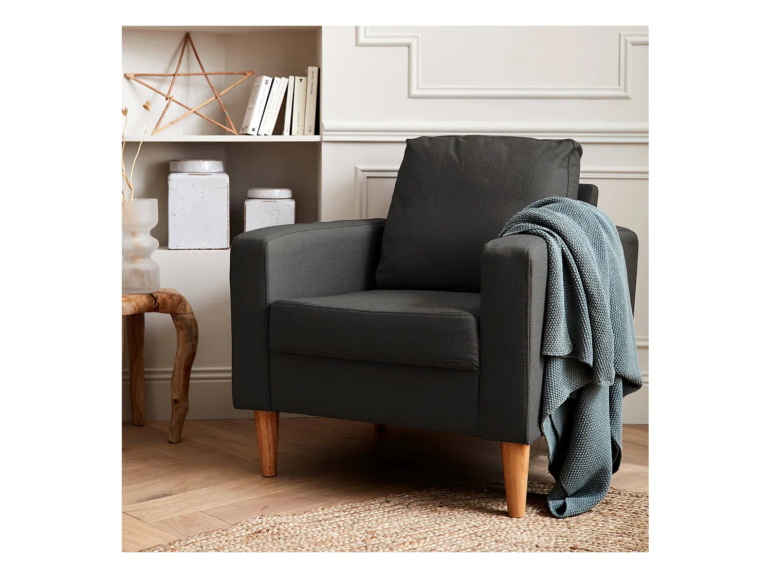 Fauteuil scandinave en tissu gris chiné foncé - Bjorn - Canapé 1 place fixe droit pieds bois