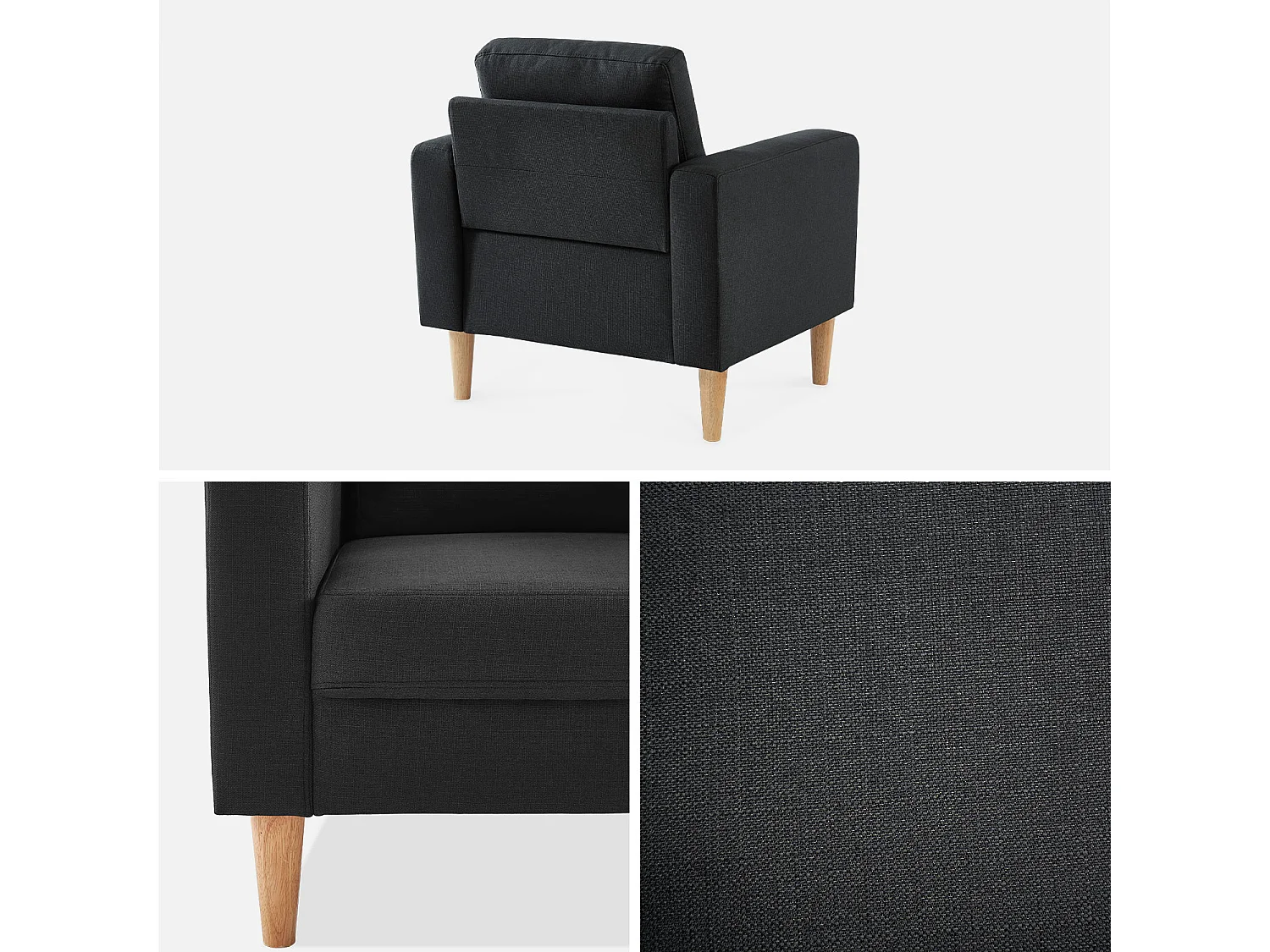 Fauteuil scandinave en tissu gris chiné foncé - Bjorn - Canapé 1 place fixe droit pieds bois
