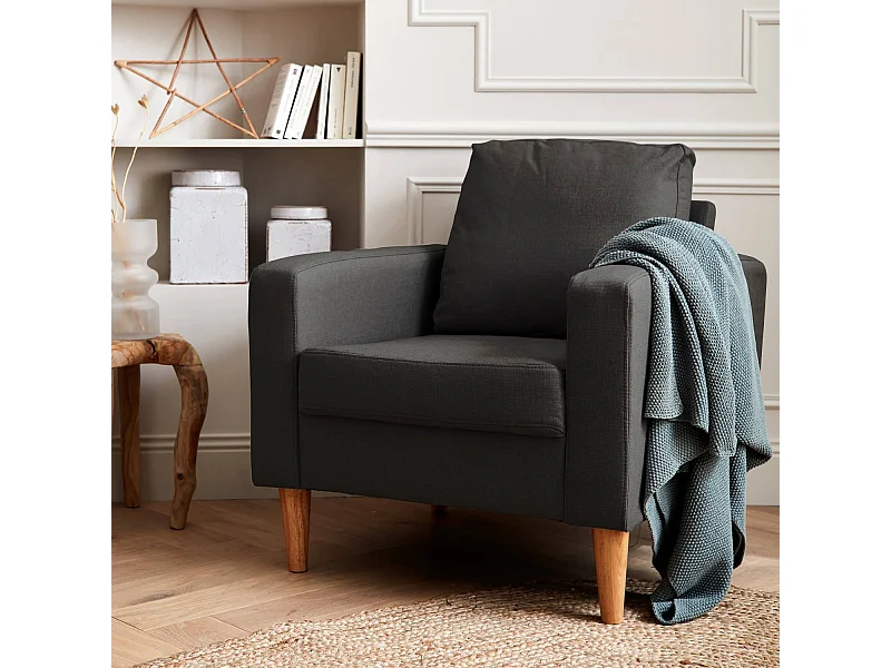 Fauteuil scandinave en tissu gris chiné foncé - Bjorn - Canapé 1 place fixe droit pieds bois