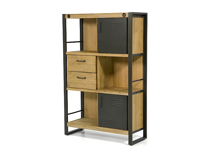 Kiko étagère haute en bois d'Acacia - 2 Tiroirs - 2 Portes - Portes en métal noir - Style Industriel - H140