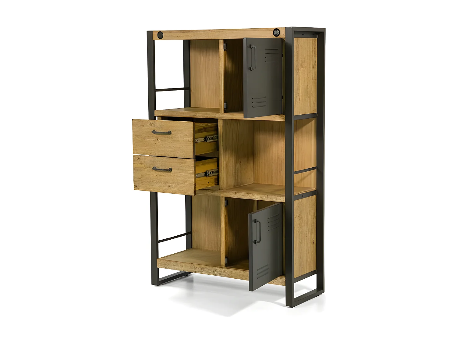 Kiko étagère haute en bois d'Acacia - 2 Tiroirs - 2 Portes - Portes en métal noir - Style Industriel - H140