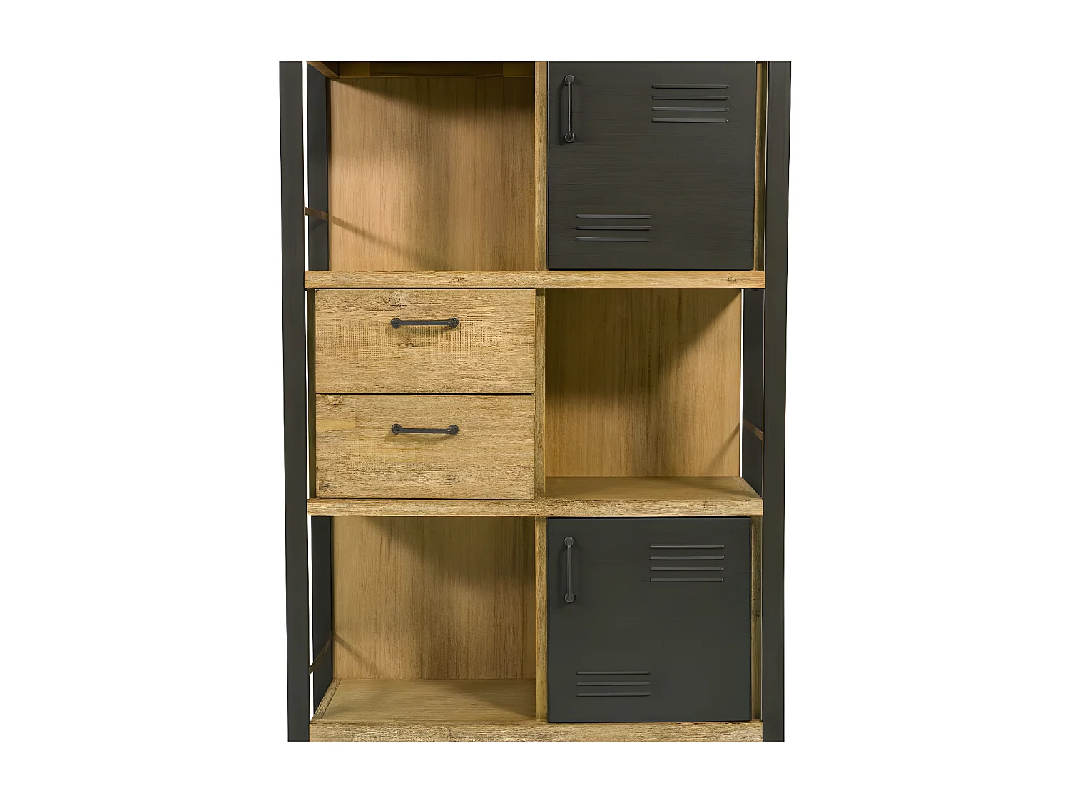Kiko étagère haute en bois d'Acacia - 2 Tiroirs - 2 Portes - Portes en métal noir - Style Industriel - H140