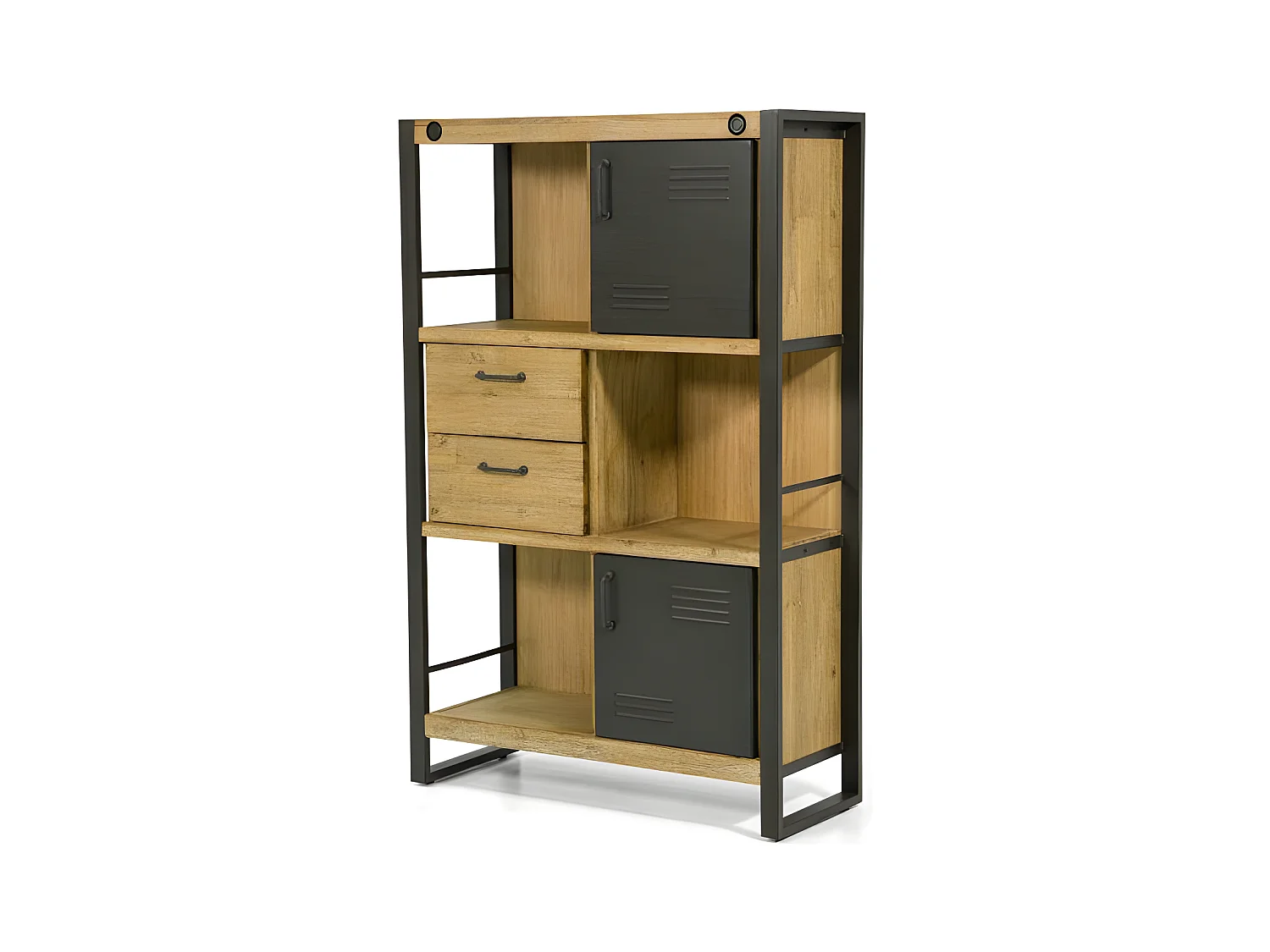 Kiko étagère haute en bois d'Acacia - 2 Tiroirs - 2 Portes - Portes en métal noir - Style Industriel - H140