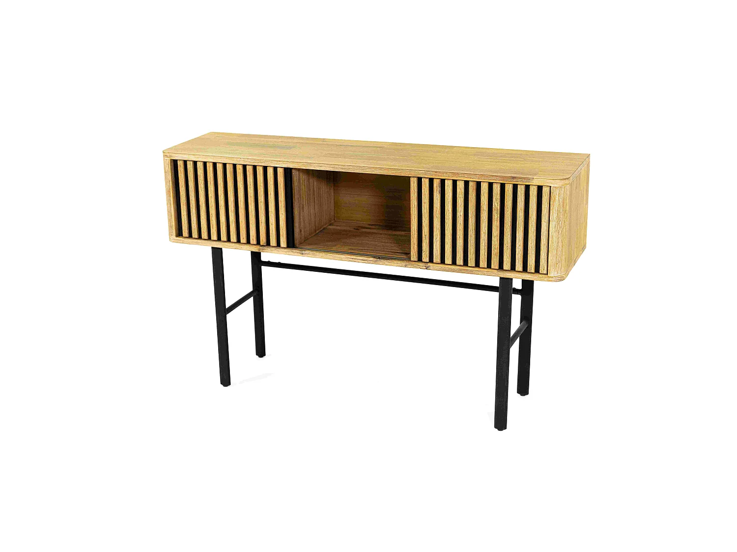 Ibiza console en bois d'Acacia et métal noir - 2 portes coulissantes - 3 étagères - 1 niche de rangement