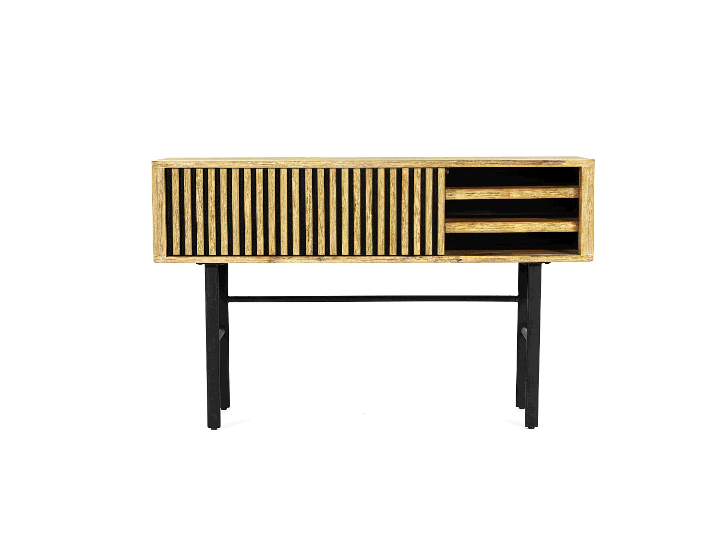 Ibiza console en bois d'Acacia et métal noir - 2 portes coulissantes - 3 étagères - 1 niche de rangement