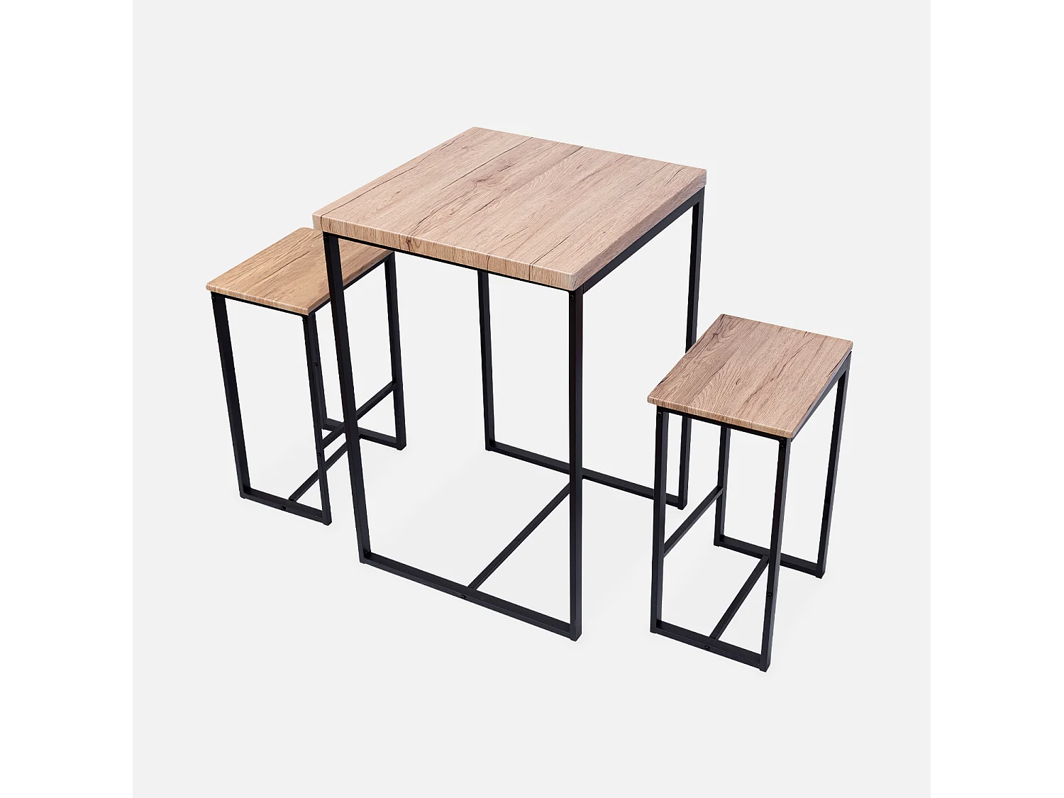Set table haute carré - Loft - avec 2 tabourets de bar. acier et décor bois. encastrable. design