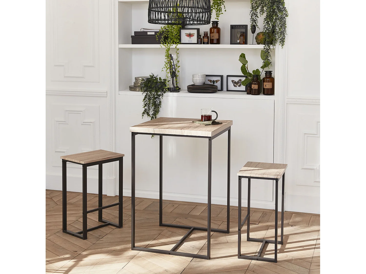 Set table haute carré - Loft - avec 2 tabourets de bar. acier et décor bois. encastrable. design