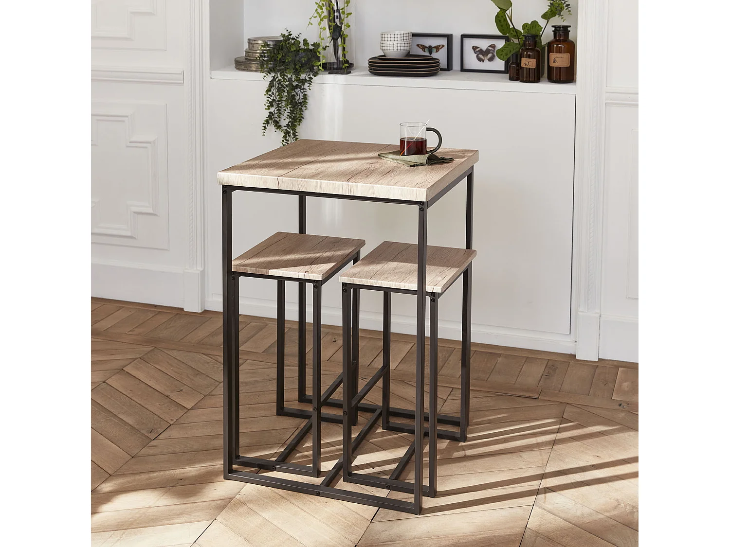Set table haute carré - Loft - avec 2 tabourets de bar. acier et décor bois. encastrable. design
